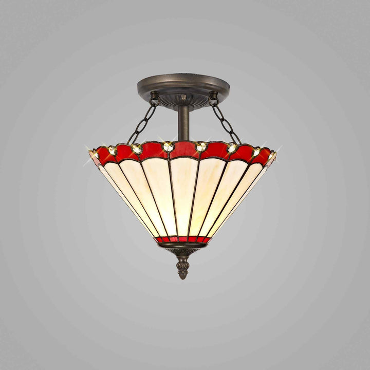 Nelson Lighting NLK02899 Umbrian 2 Light Semi Ceiling With 30cm Tiffany Shade Red/Chrome/Antique Brass