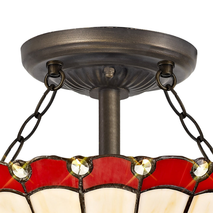 Nelson Lighting NLK02899 Umbrian 2 Light Semi Ceiling With 30cm Tiffany Shade Red/Chrome/Antique Brass