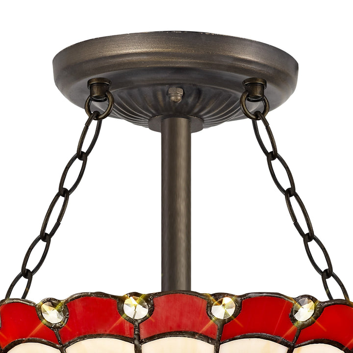 Nelson Lighting NLK02909 Umbrian 3 Light Semi Ceiling With 30cm Tiffany Shade Red/Chrome/Antique Brass