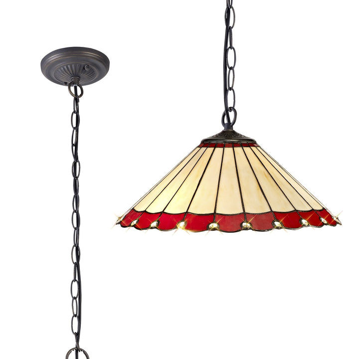 Nelson Lighting NLK02969 Umbrian | 1 Light Down Lighter Pendant | Tiffany Shade Red/Aged Antique Brass