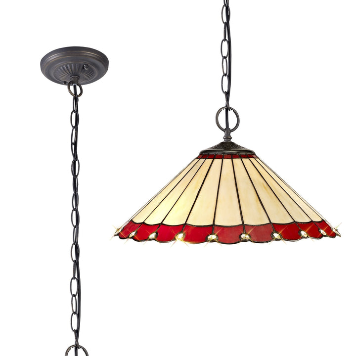 Nelson Lighting NLK02979 Umbrian 2 Light Down Lighter Pendant With 40cm Tiffany Shade Red/Chrome/Antique Brass