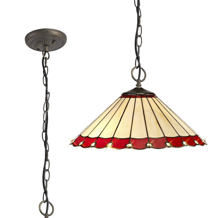 Nelson Lighting NLK02989 Umbrian 3 Light Down Lighter Pendant With 40cm Tiffany Shade Red/Chrome/Antique Brass