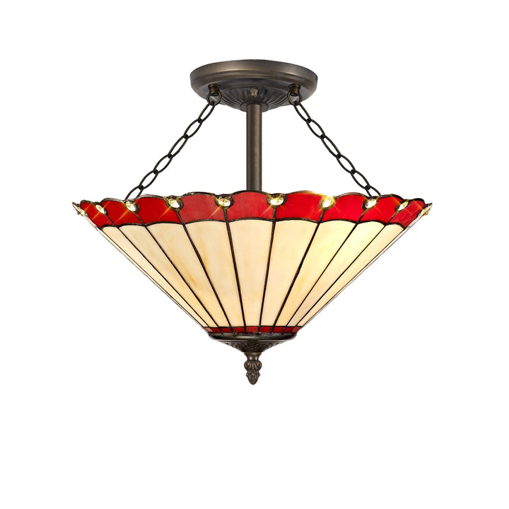 Nelson Lighting NLK02999 Umbrian 3 Light Semi Ceiling With 40cm Tiffany Shade Red/Chrome/Antique Brass