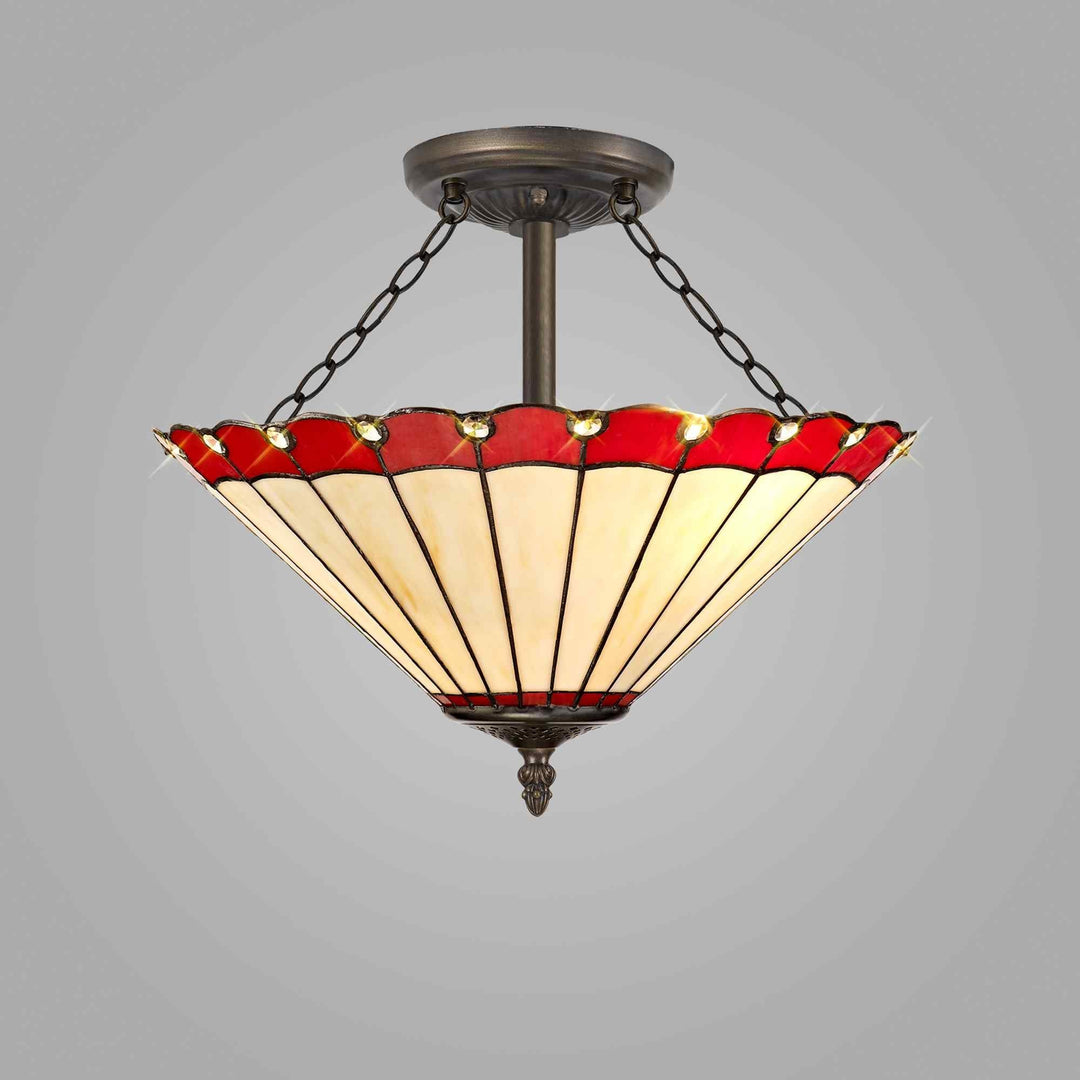 Nelson Lighting NLK02999 Umbrian 3 Light Semi Ceiling With 40cm Tiffany Shade Red/Chrome/Antique Brass