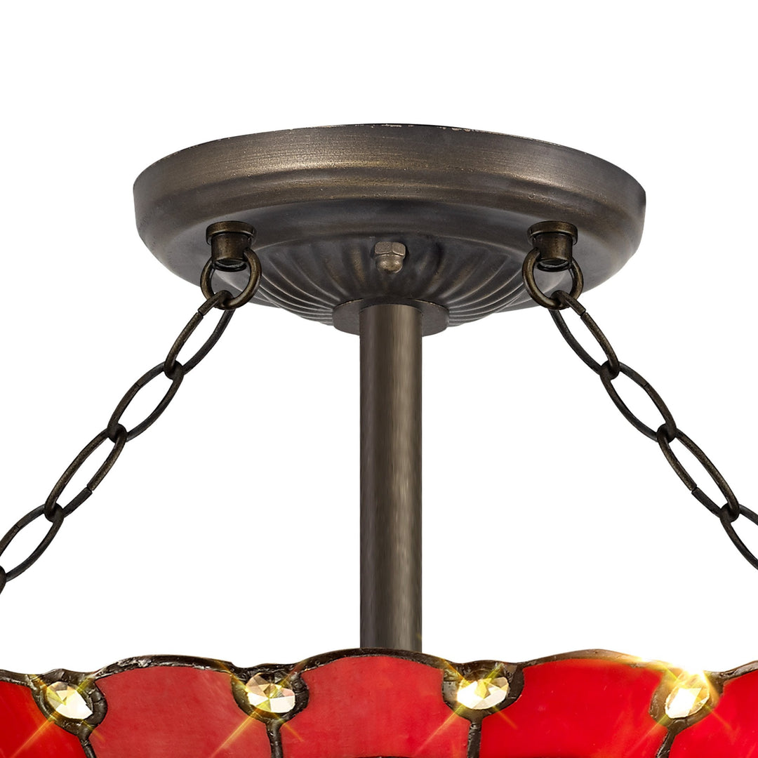 Nelson Lighting NLK02999 Umbrian 3 Light Semi Ceiling With 40cm Tiffany Shade Red/Chrome/Antique Brass