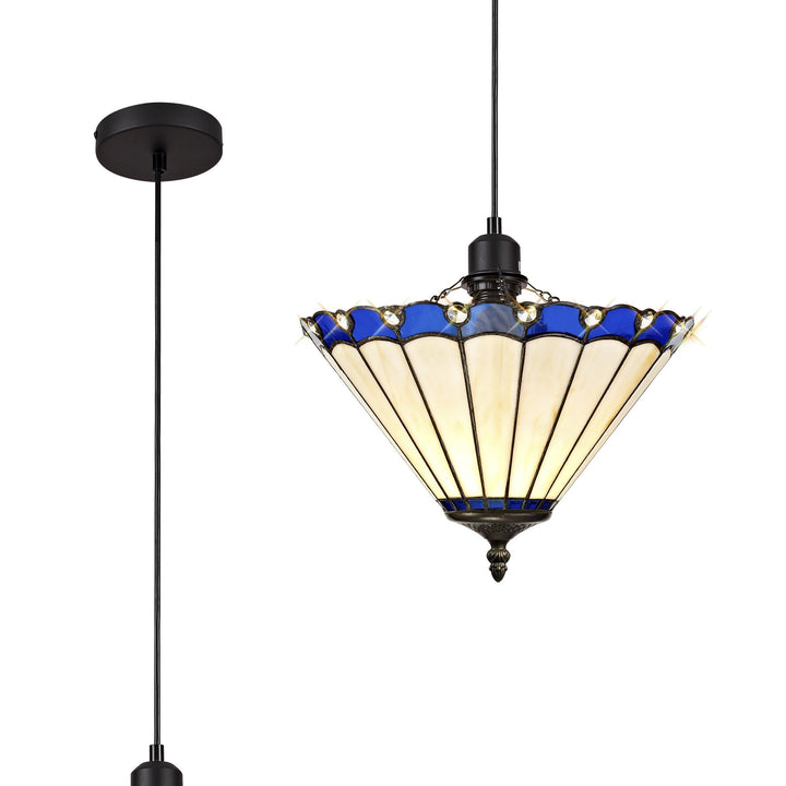 Nelson Lighting NLK03049 Umbrian 1 Light Up Lighter Pendant With 30cm Tiffany Shade Blue/Chrome/Crystal/Black