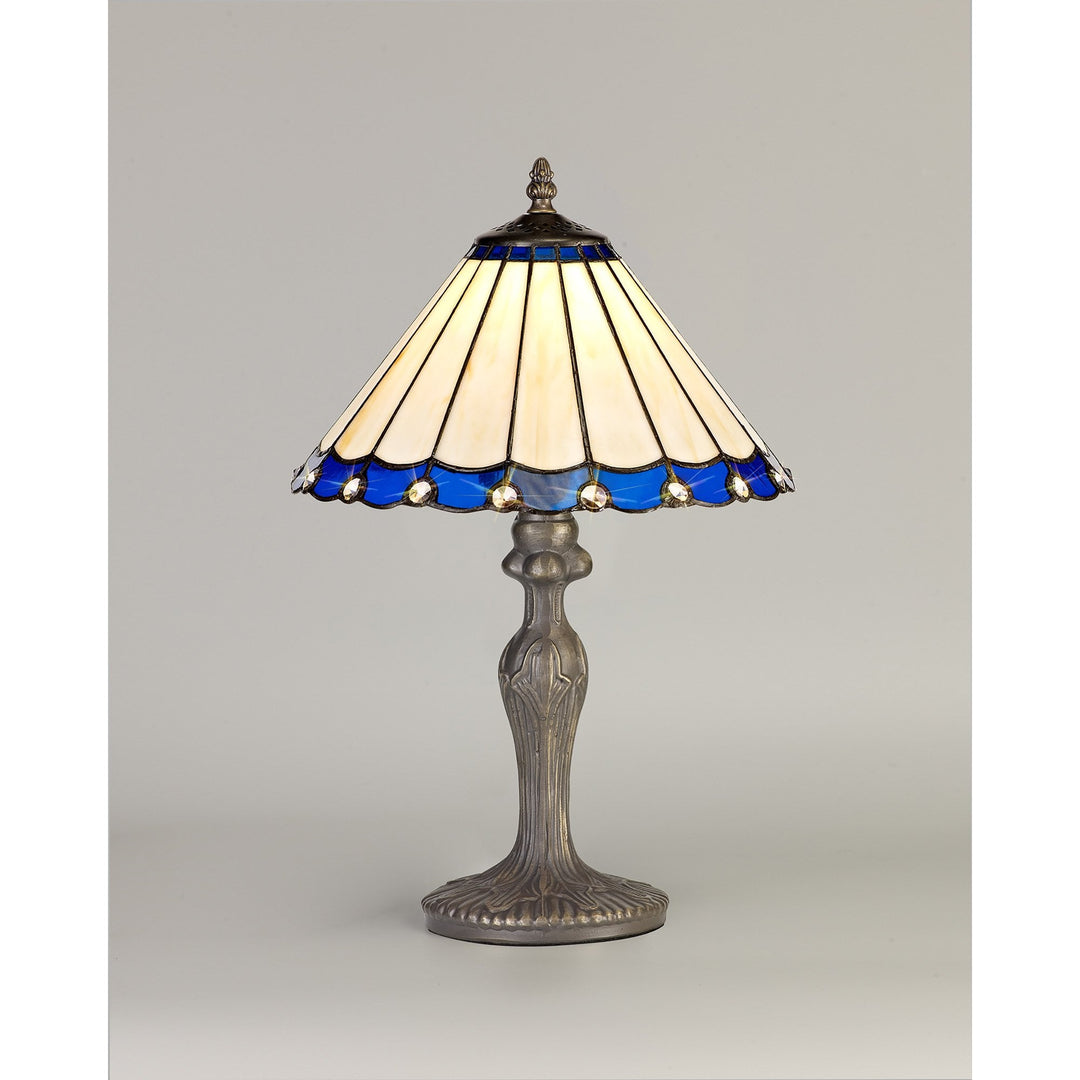 Nelson Lighting NLK03069 Umbrian 1 Light Curved Table Lamp With 30cm Tiffany Shade Blue/Chrome/Antique Brass