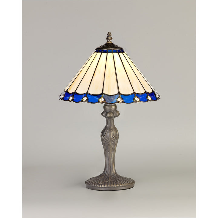 Nelson Lighting NLK03069 Umbrian 1 Light Curved Table Lamp With 30cm Tiffany Shade Blue/Chrome/Antique Brass