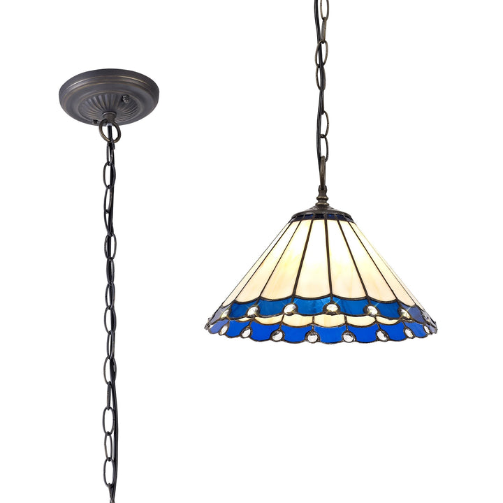 Nelson Lighting NLK03089 Umbrian 1 Light Down Lighter Pendant With 30cm Tiffany Shade Blue/Chrome/Antique Brass