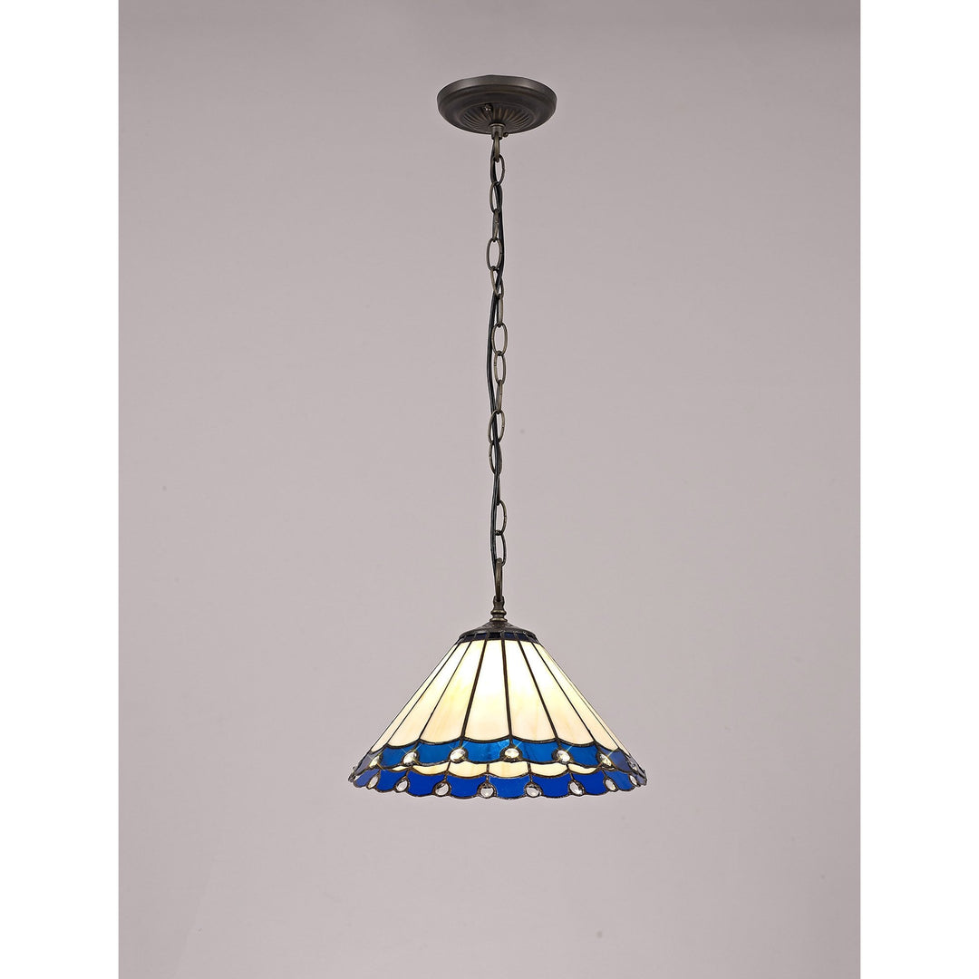 Nelson Lighting NLK03089 Umbrian 1 Light Down Lighter Pendant With 30cm Tiffany Shade Blue/Chrome/Antique Brass