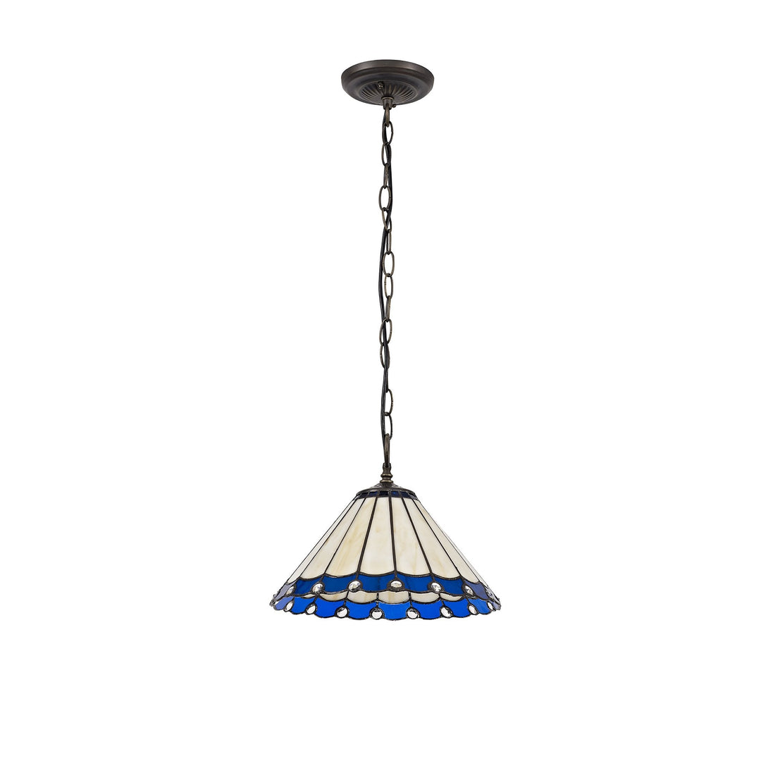 Nelson Lighting NLK03089 Umbrian 1 Light Down Lighter Pendant With 30cm Tiffany Shade Blue/Chrome/Antique Brass