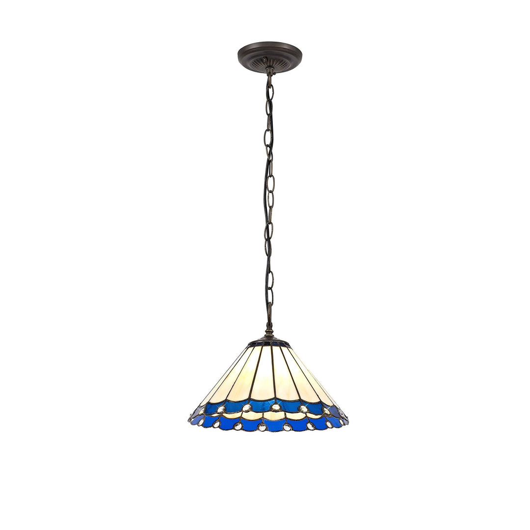 Nelson Lighting NLK03089 Umbrian 1 Light Down Lighter Pendant With 30cm Tiffany Shade Blue/Chrome/Antique Brass