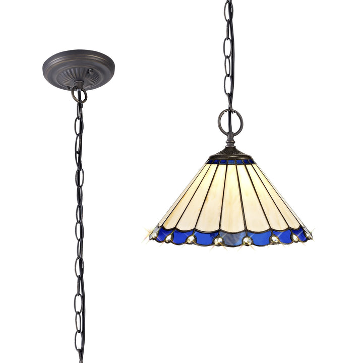 Nelson Lighting NLK03099 Umbrian 2 Light Down Lighter Pendant With 30cm Tiffany Shade Blue/Chrome/Antique Brass