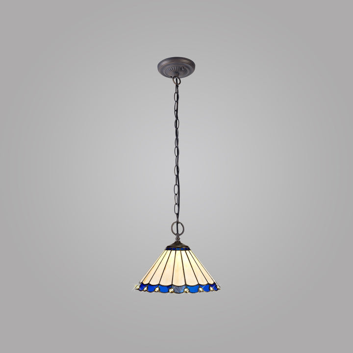 Nelson Lighting NLK03099 Umbrian 2 Light Down Lighter Pendant With 30cm Tiffany Shade Blue/Chrome/Antique Brass