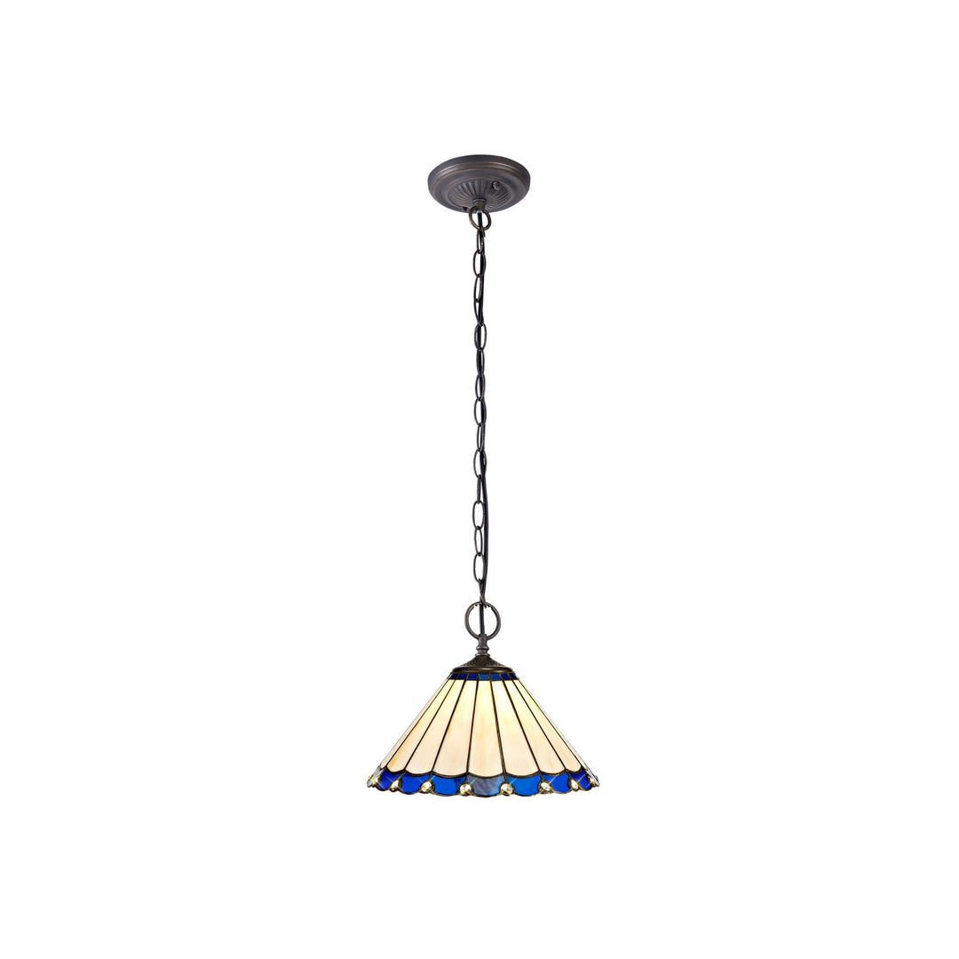 Nelson Lighting NLK03099 Umbrian 2 Light Down Lighter Pendant With 30cm Tiffany Shade Blue/Chrome/Antique Brass