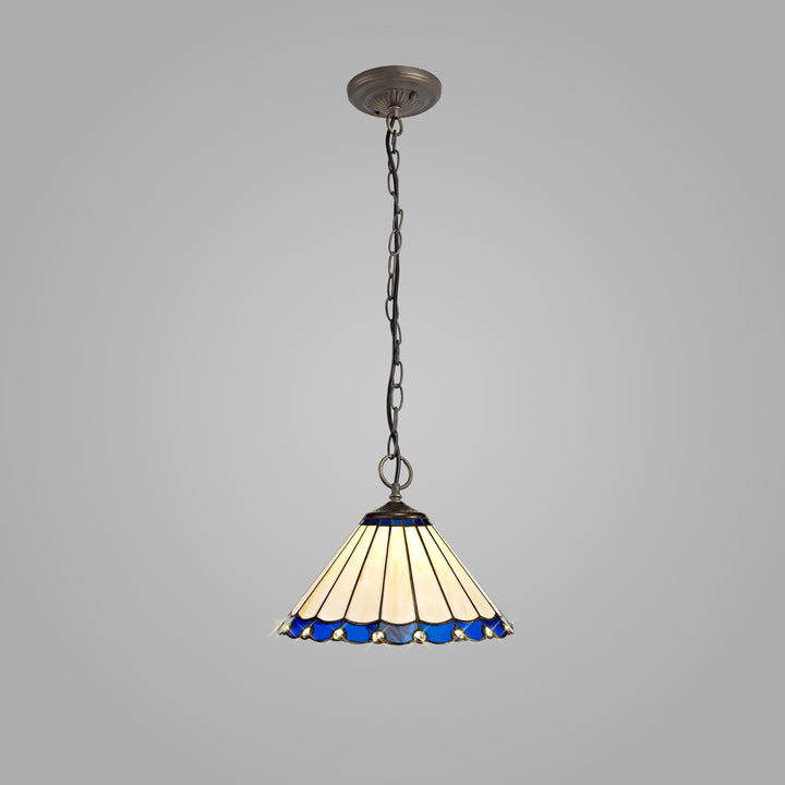 Nelson Lighting NLK03109 Umbrian 3 Light Down Lighter Pendant With 30cm Tiffany Shade Blue/Chrome/Antique Brass