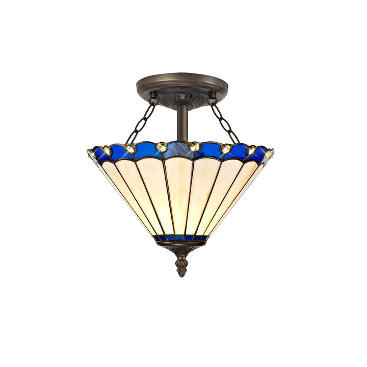 Nelson Lighting NLK03119 Umbrian 2 Light Semi Ceiling With 30cm Tiffany Shade Blue/Chrome/Antique Brass