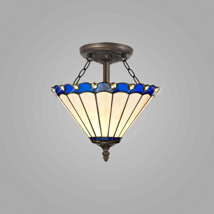 Nelson Lighting NLK03119 Umbrian 2 Light Semi Ceiling With 30cm Tiffany Shade Blue/Chrome/Antique Brass