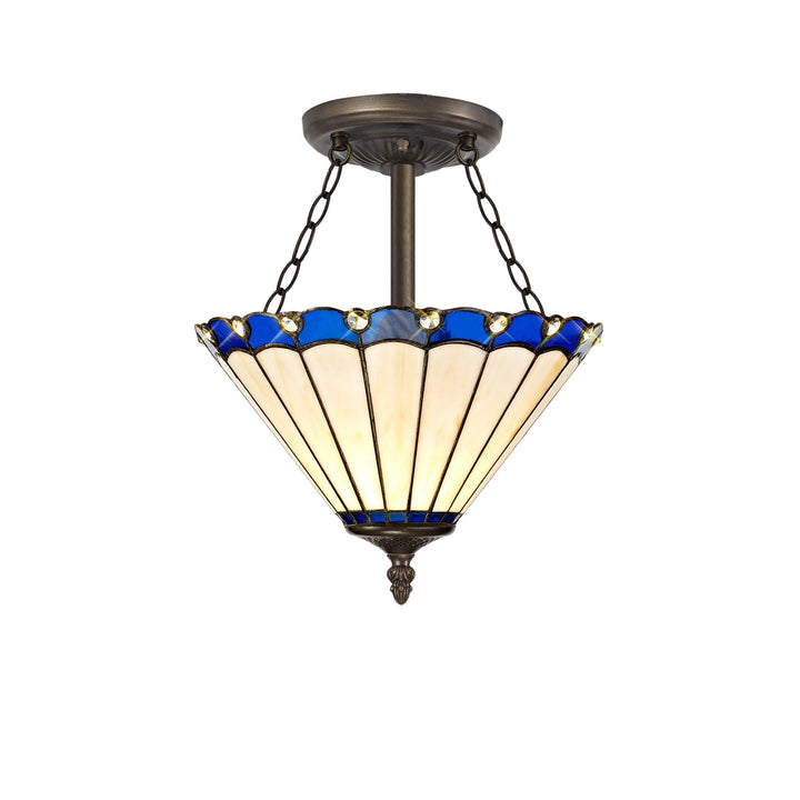 Nelson Lighting NLK03129 Umbrian 3 Light Semi Ceiling With 30cm Tiffany Shade Blue/Chrome/Antique Brass