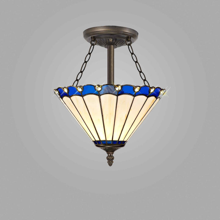 Nelson Lighting NLK03129 Umbrian 3 Light Semi Ceiling With 30cm Tiffany Shade Blue/Chrome/Antique Brass