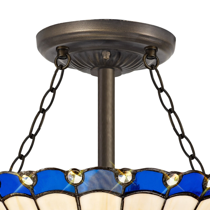 Nelson Lighting NLK03129 Umbrian 3 Light Semi Ceiling With 30cm Tiffany Shade Blue/Chrome/Antique Brass