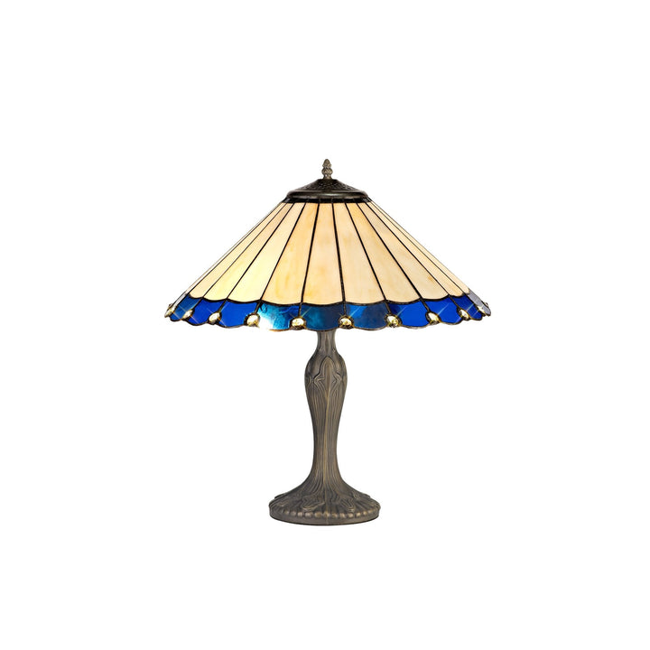 Nelson Lighting NLK03169 Umbrian 2 Light Curved Table Lamp With 40cm Tiffany Shade Blue/Chrome/Antique Brass