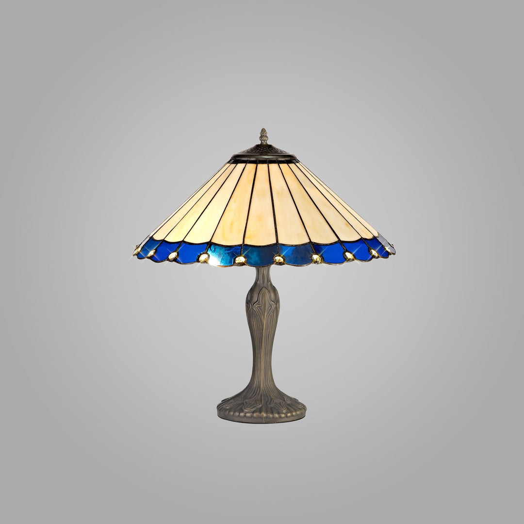 Nelson Lighting NLK03169 Umbrian 2 Light Curved Table Lamp With 40cm Tiffany Shade Blue/Chrome/Antique Brass