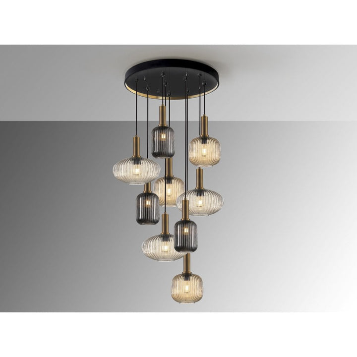 Schuller 225090 Norma Pendant 9 Light Black/Brass Mixed Glass Shades