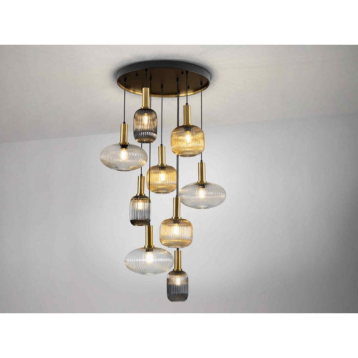 Schuller 225090 Norma Pendant 9 Light Black/Brass Mixed Glass Shades