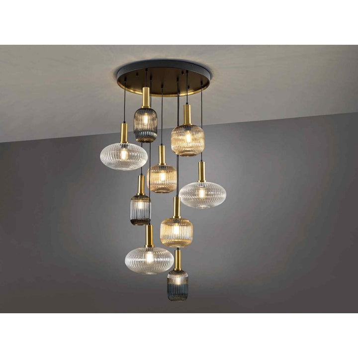 Schuller 225090 Norma Pendant 9 Light Black/Brass Mixed Glass Shades