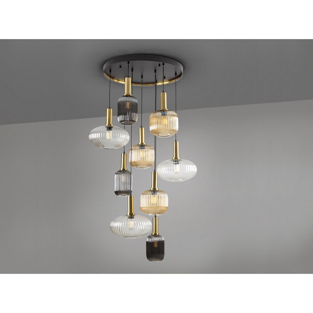 Schuller 225090 Norma Pendant 9 Light Black/Brass Mixed Glass Shades