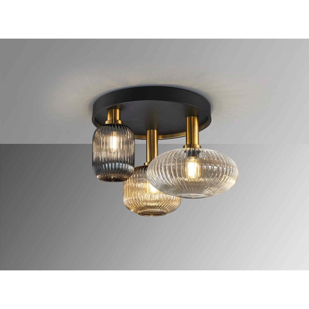 Schuller 225342 Norma Ceiling 3 Light Black/Brass Mixed Glass Shades