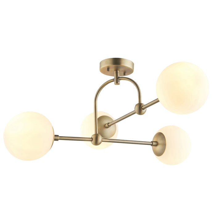 Nelson Lighting 90843 4 Light Semi Flush Ceiling Light Matt Antique Brass Plate & Opal Glass