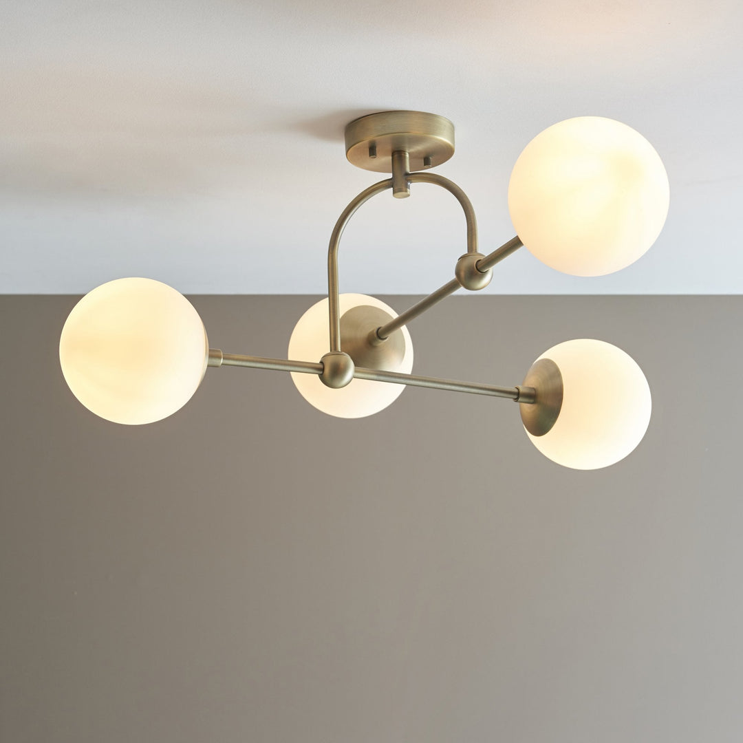 Nelson Lighting 90843 4 Light Semi Flush Ceiling Light Matt Antique Brass Plate & Opal Glass