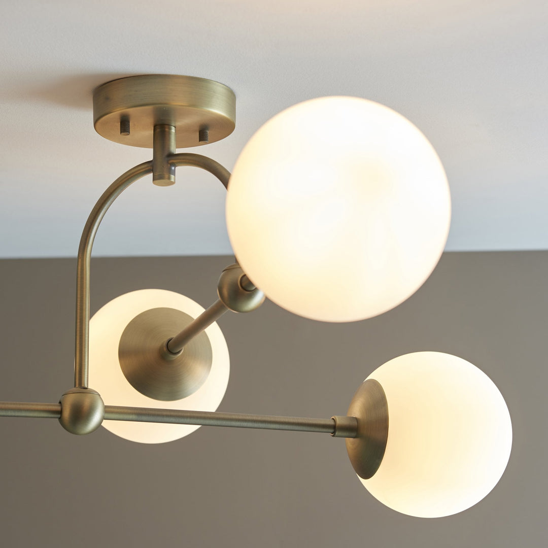 Nelson Lighting 90843 4 Light Semi Flush Ceiling Light Matt Antique Brass Plate & Opal Glass