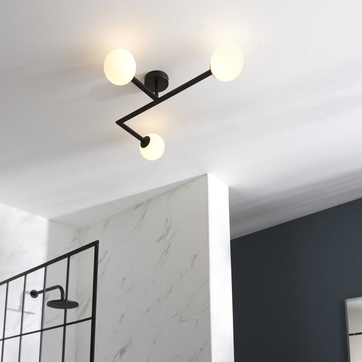 Nelson Lighting NL943905 Bathroom 3 Light Semi Flush Ceiling Light Matt Black & Matt Opal Glass