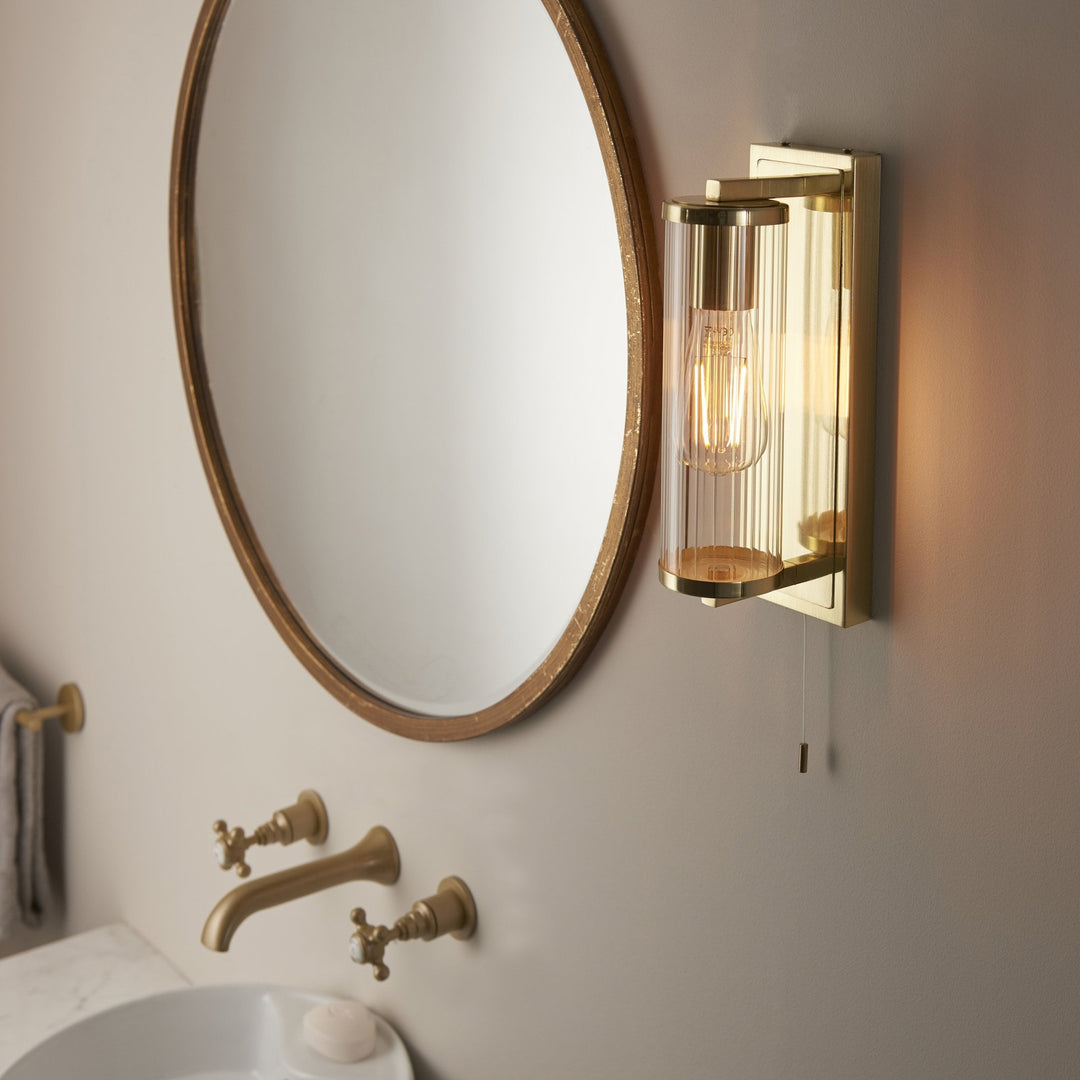 Nelson Lighting NL944075 Bathroom 1 Light Wall Light Satin Brass Plate & Clear Ribbed Glass