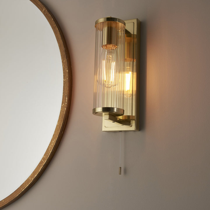 Nelson Lighting NL944075 Bathroom 1 Light Wall Light Satin Brass Plate & Clear Ribbed Glass