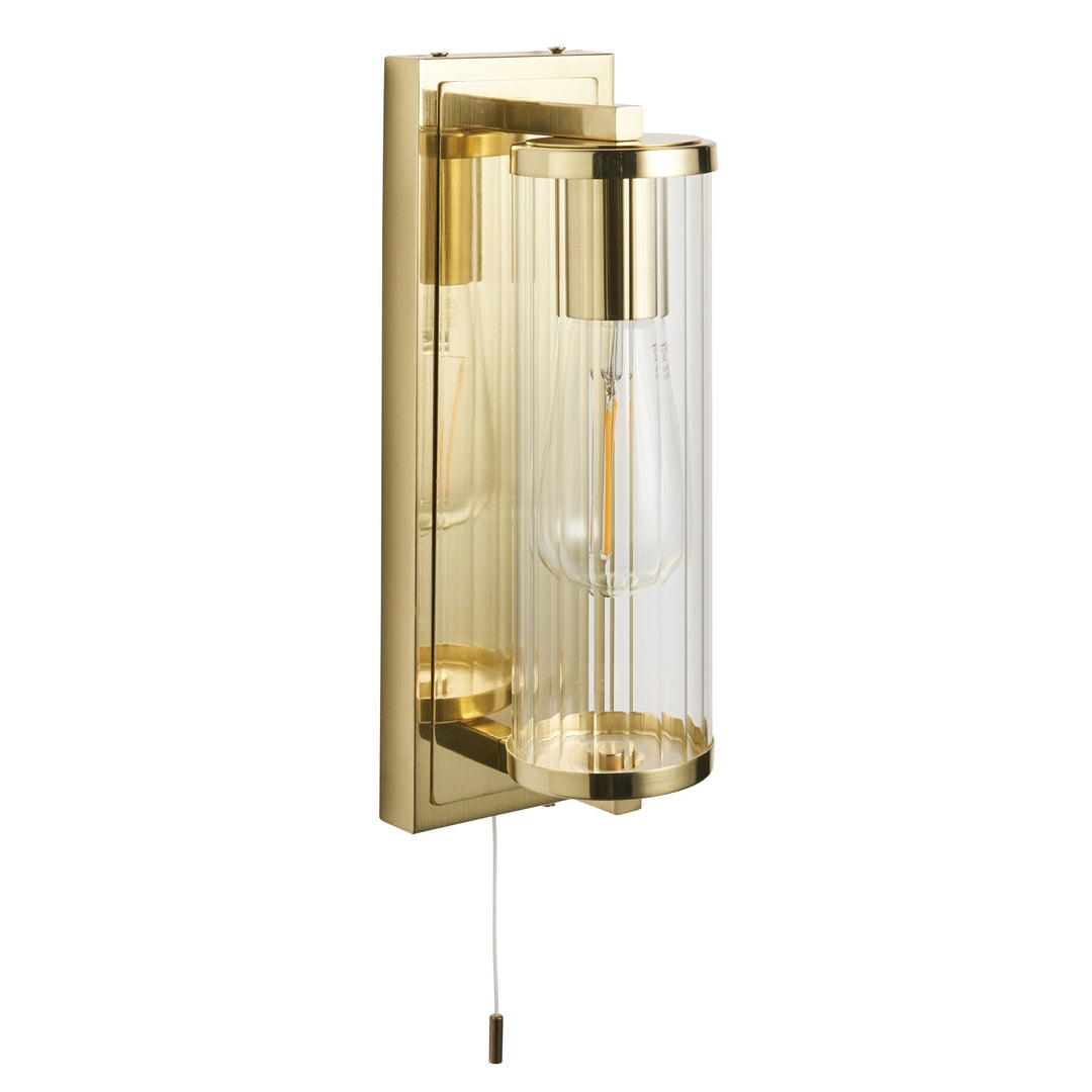 Nelson Lighting 94075 Bathroom 1 Light Wall Light Satin Brass Plate & Clear Ribbed Glass