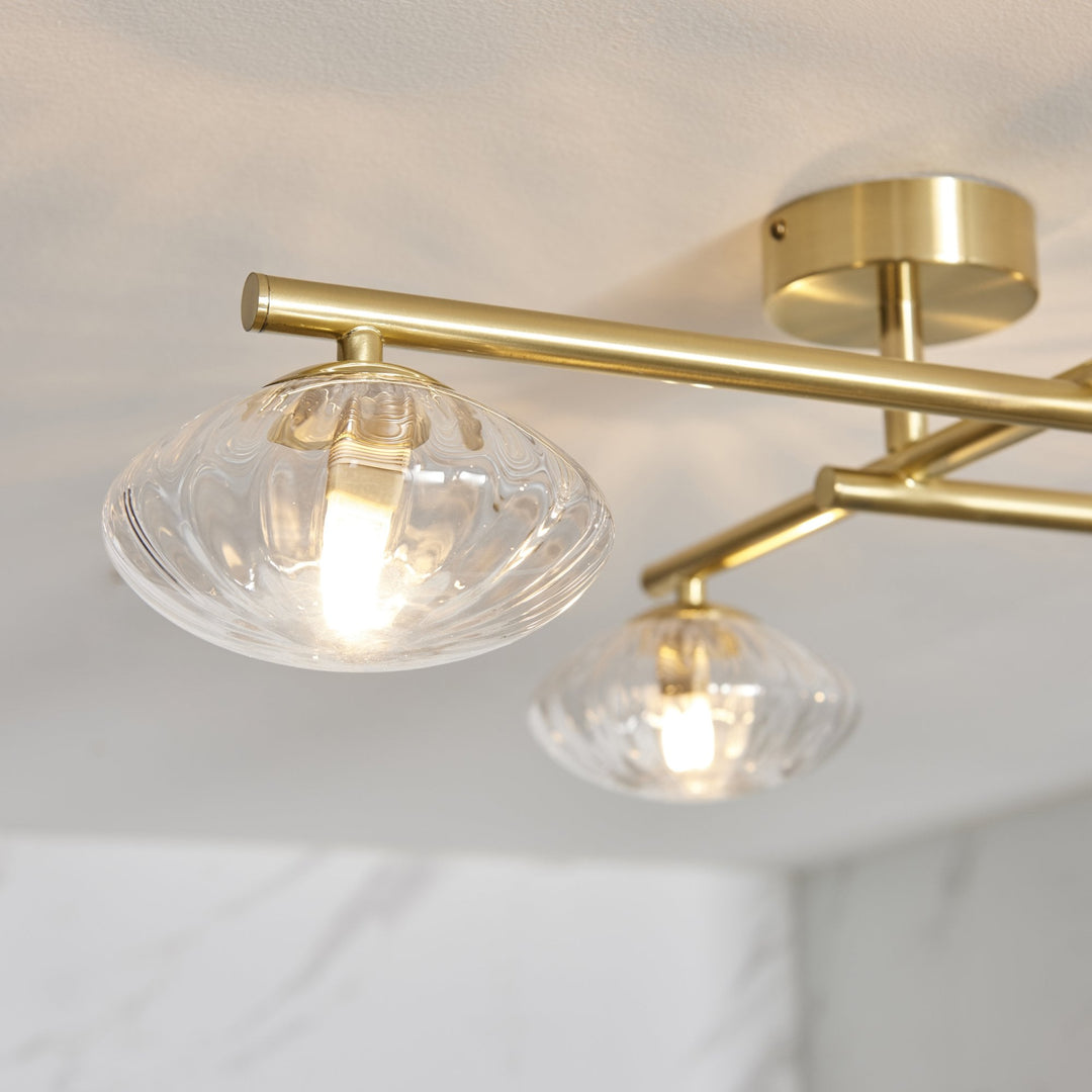 Nelson Lighting NL945009 Bathroom 4 Light Semi Flush Ceiling Light Satin Brass Plate & Clear Ribbed Glass