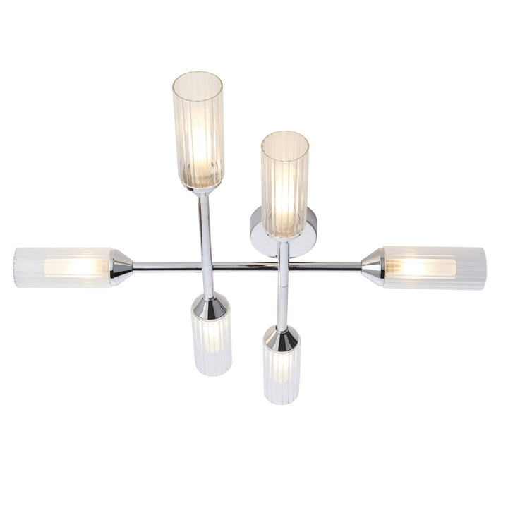 Nelson Lighting NL945045 Bathroom 6 Light Semi Flush Ceiling Light Chrome Plate & Clear/frosted Ribbed Glass