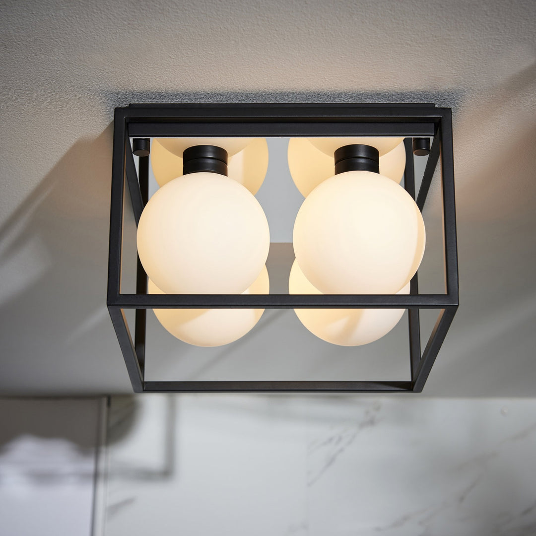 Nelson Lighting NL945050 Bathroom 4 Light Semi Flush Ceiling Light Matt Black & Matt Opal Glass