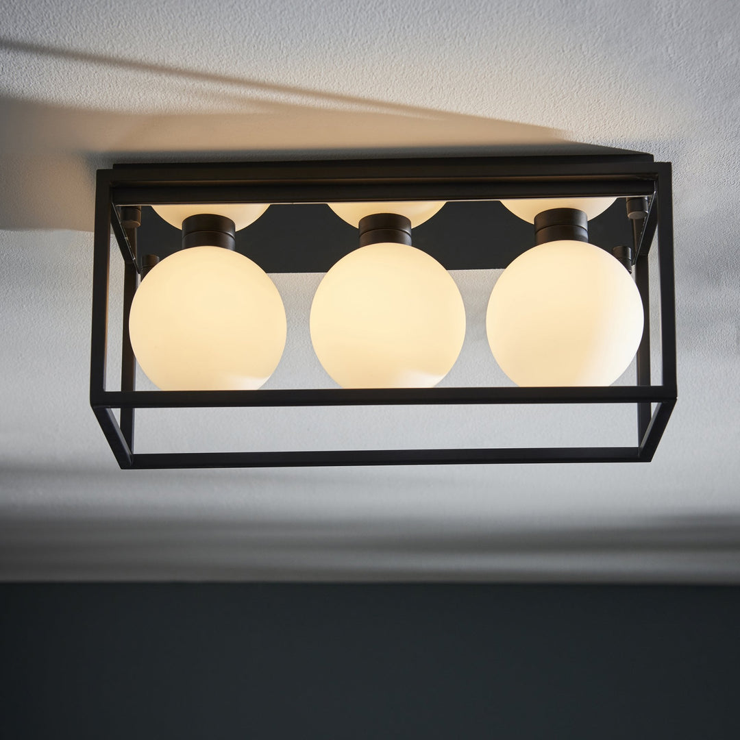 Nelson Lighting NL945051 Bathroom 3 Light Semi Flush Ceiling Light Matt Black & Matt Opal Glass