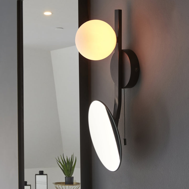 Nelson Lighting NL946729 Bathroom 1 Light Wall Light Matt Black, Mirrored Glass With Opal Glass