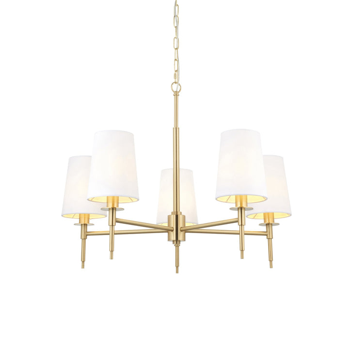 Nelson Lighting NL949458 5 Light Pendant Satin Brass Plate & Vintage White Fabric