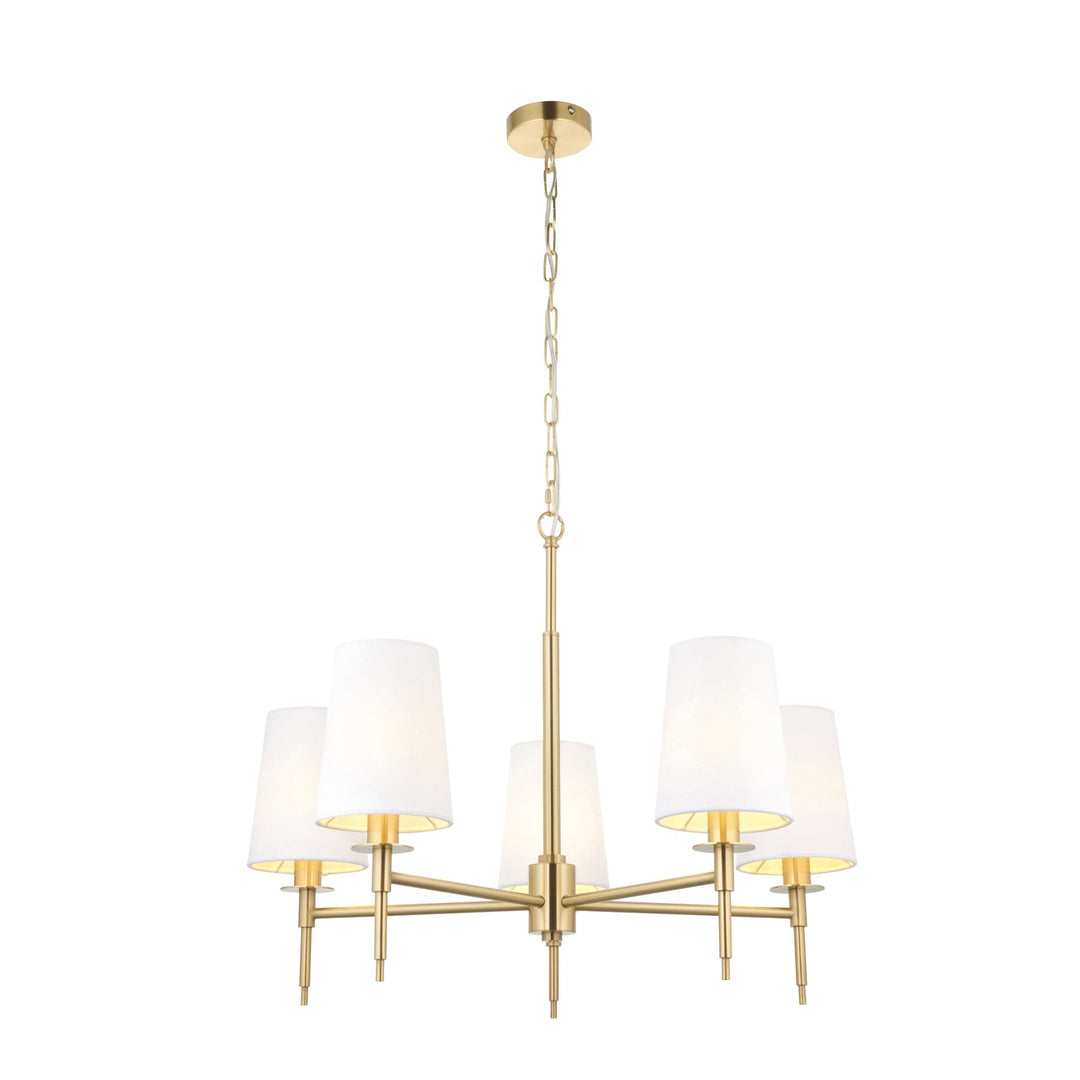 Nelson Lighting NL949458 5 Light Pendant Satin Brass Plate & Vintage White Fabric