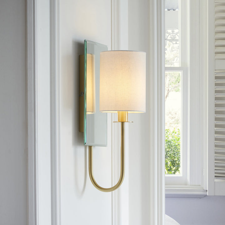 Nelson Lighting NL949514 1 Light Wall Light Satin Brass Plate & Vintage White Fabric