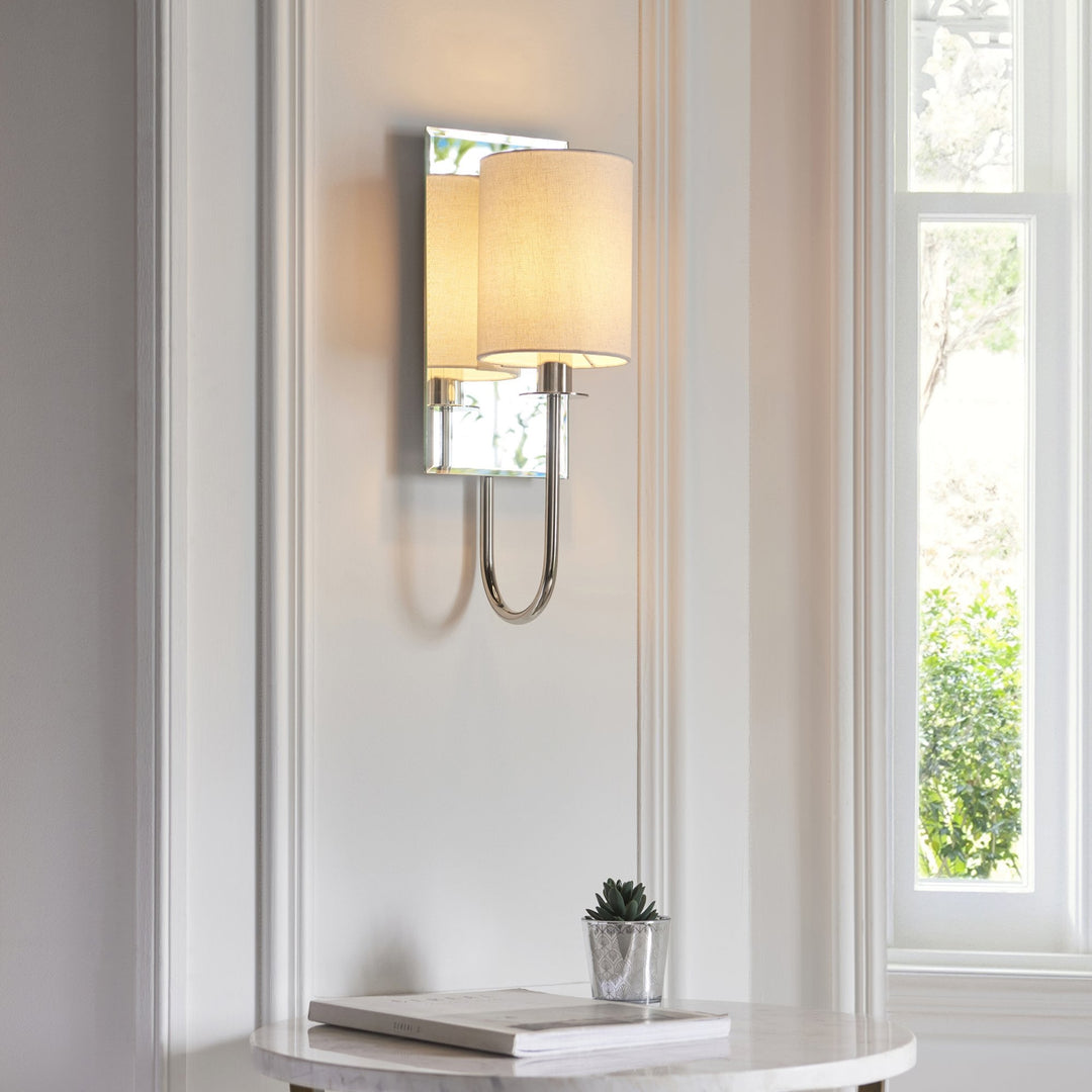 Nelson Lighting NL949515 | Elegance | 1 Light Wall Sconce | Bright Nickel & Vintage White Fabric