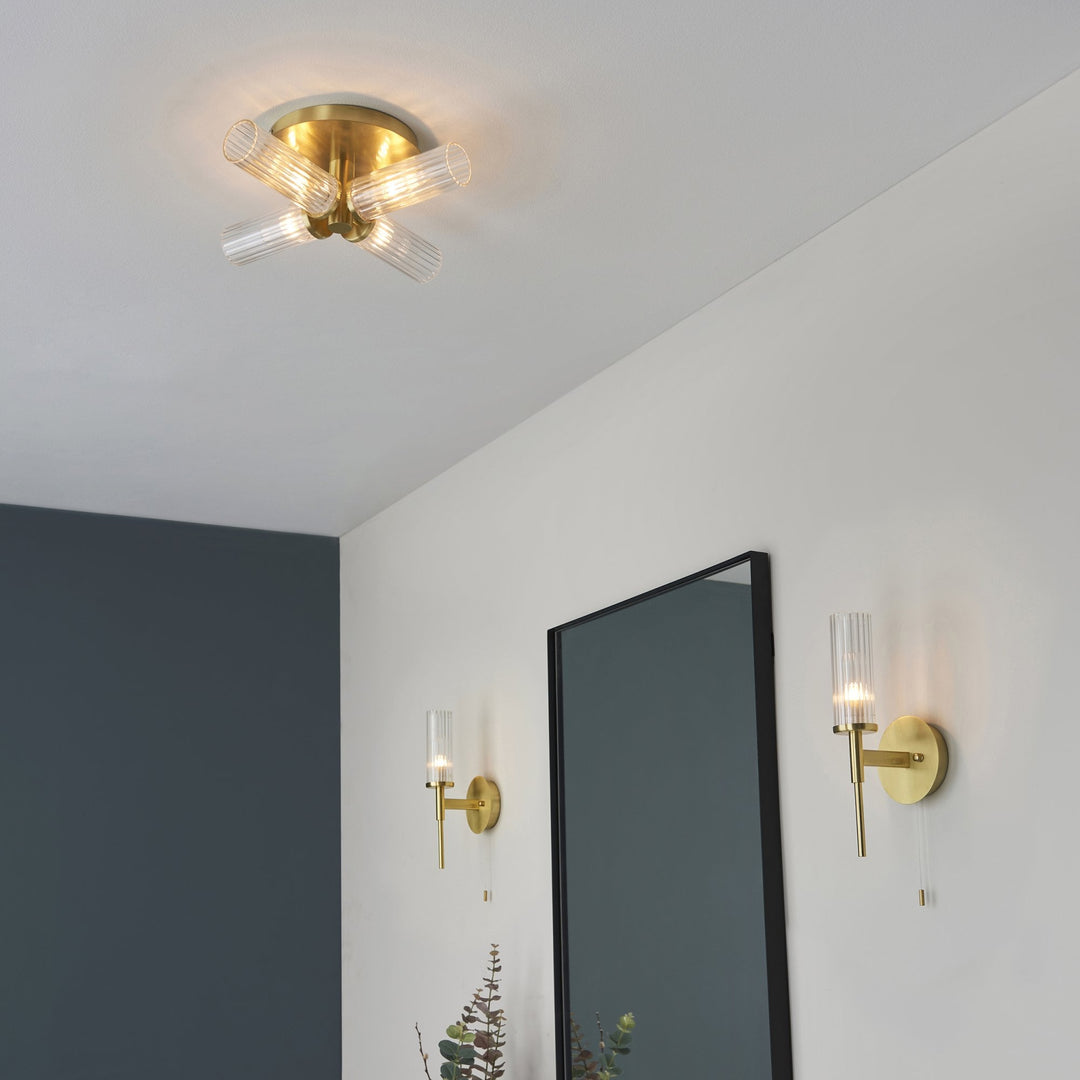 Endon 96160 Talo Bathroom 4 Light Semi Flush Ceiling Light Satin Brass Plate & Clear Ribbed Glass
