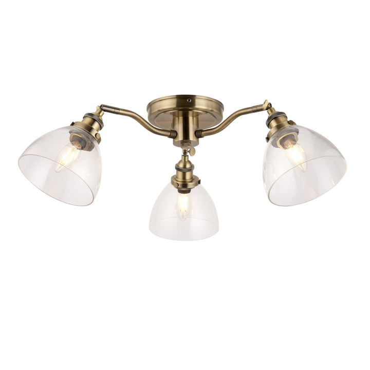 Endon 97247 Hansen 3 Light Semi Flush Ceiling Light Antique Brass Plate & Clear Glass